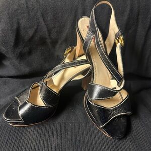 Prada Black Leather Slingback Heels with Gold Buckle 39U/ 8.5US